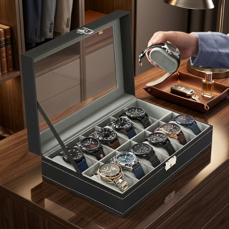 Kotak Jam Tangan Kulit PU deng - Men Accessories Organiser ulasan dan harga